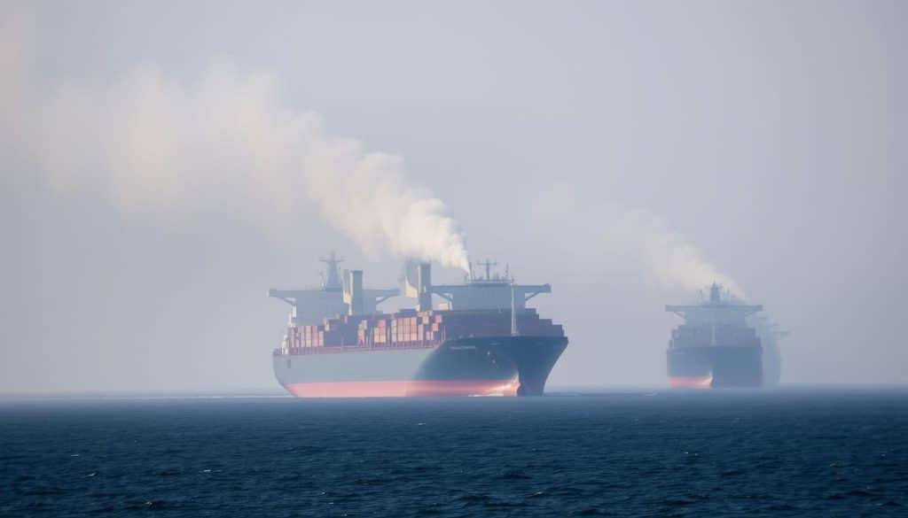 Cargo ships emitting pollution representing environmental impact of international trade Cargo ships emitting pollution representing environmental impact of international trade
