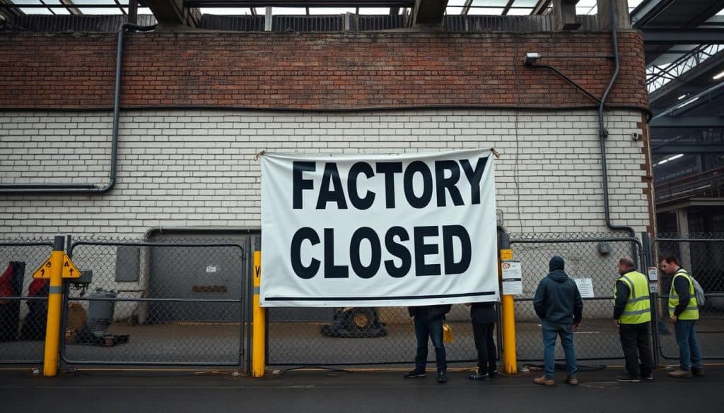 Closed factory with unemployed workers representing job displacement from international trade Closed factory with unemployed workers representing job displacement from international trade