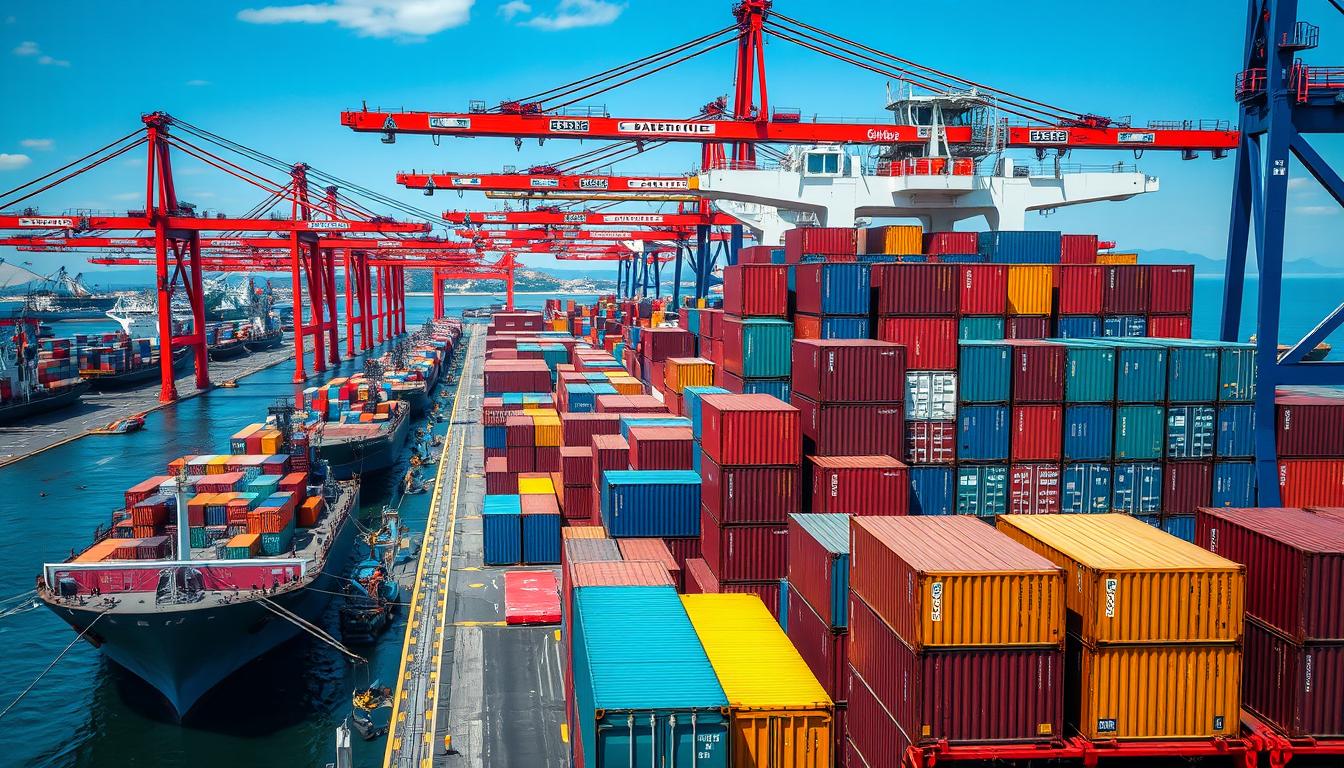 Global shipping containers at a busy international port illustrating international trade