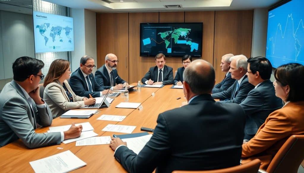 Policy makers discussing international trade agreements Policy makers discussing international trade agreements
