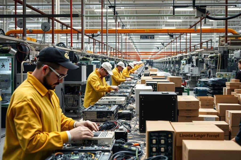 Workers in a manufacturing facility preparing goods for export Workers in a manufacturing facility preparing goods for export